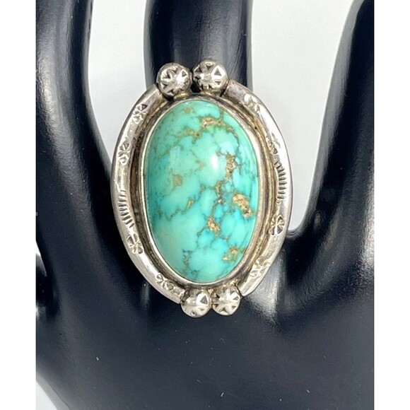 Turquoise Navajo Native Silver Ring Signed AD Size 9 weighs 12.14 gr Gem Stone - Picture 2 of 15